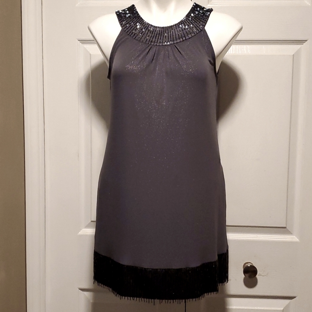 Express Women's Metallic Gray Beaded Shimmer Sleeveless Mini Dress - Size Small